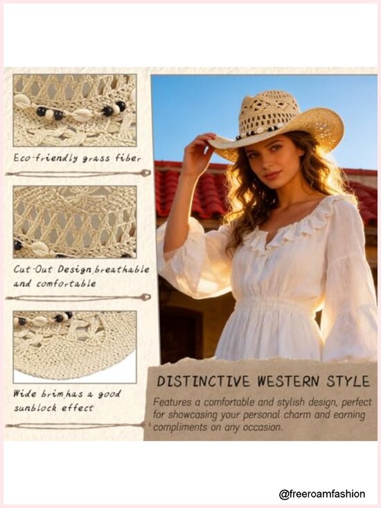 Straw Cowgirl Hat with Decorative Bands Wide Brim Sun Hat main image 5